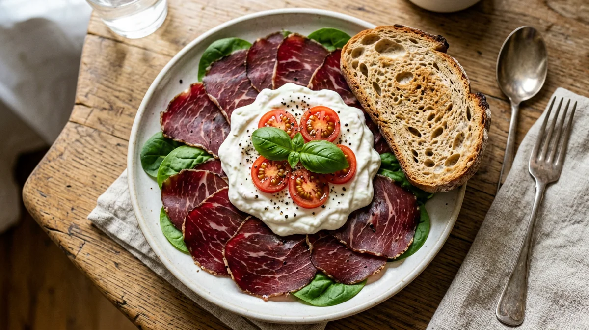 Bresaola con stracciatella, pomodorini e pane tostato