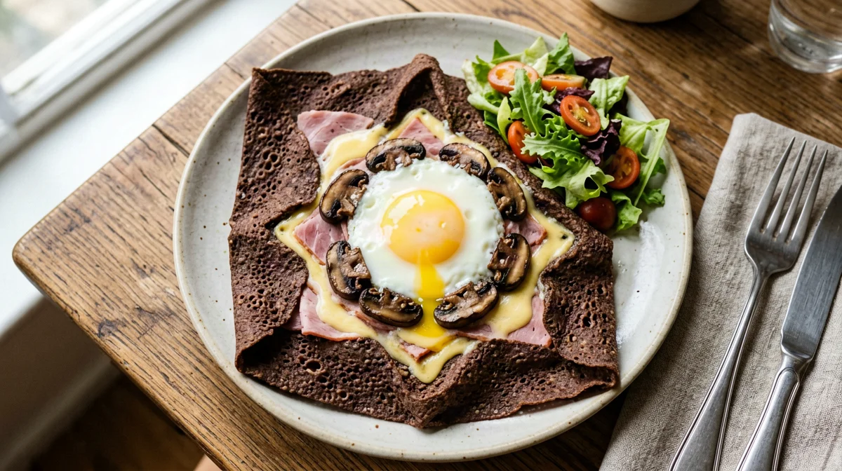 Galette di grano saraceno con uovo, prosciutto cotto e funghi