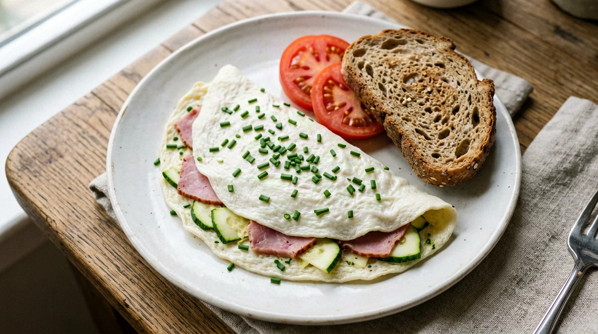 Omelette di albumi con zucchine e prosciutto cotto e pane ai cereali