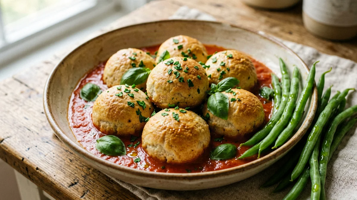 Polpette cacio e uova al sugo con pane e fagiolini