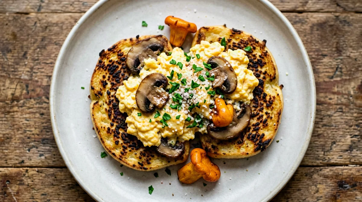 Uova strapazzate ai funghi con polenta grigliata