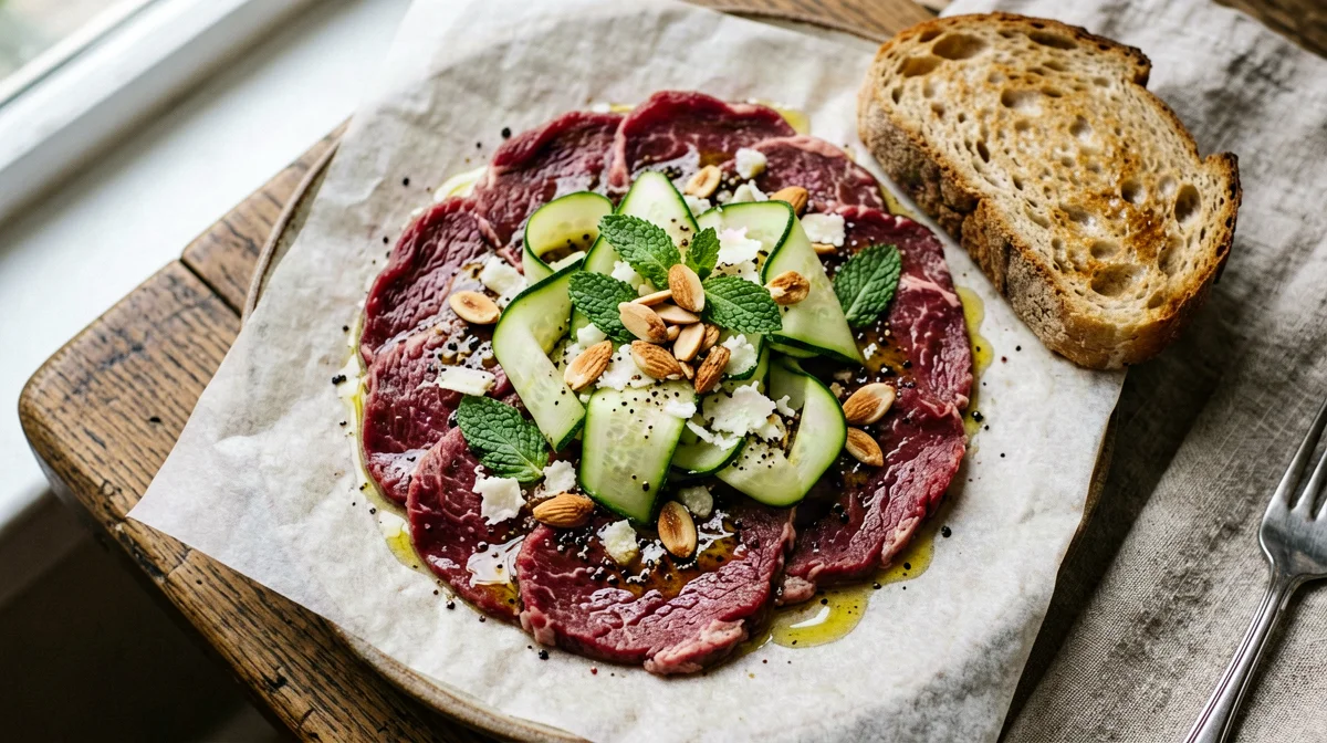 Beef carpaccio with marinated zucchini, mint and bread
