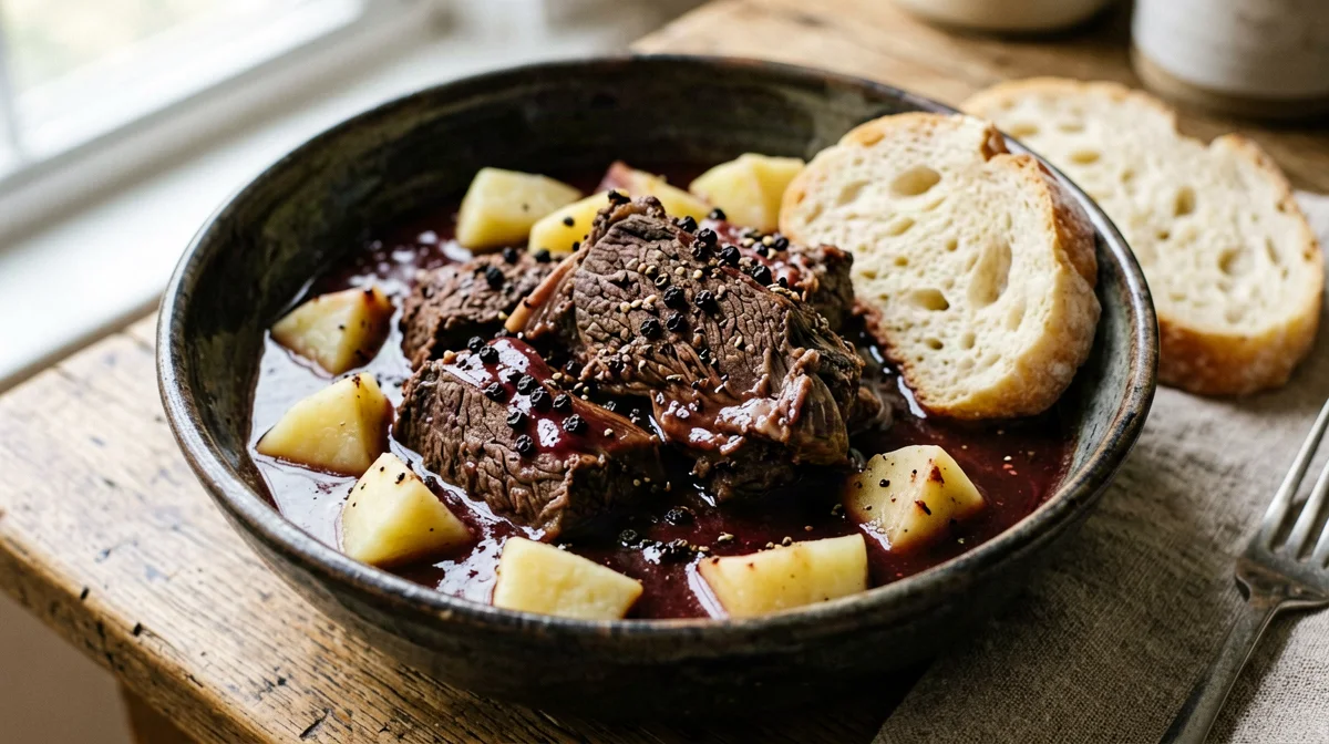 Peposo beef shin stew with potatoes and Tuscan bread