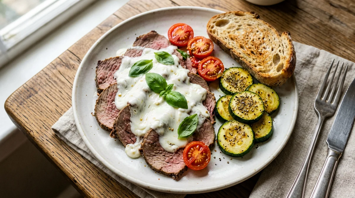 Fettine di vitello alla sorrentina con zucchine e pane