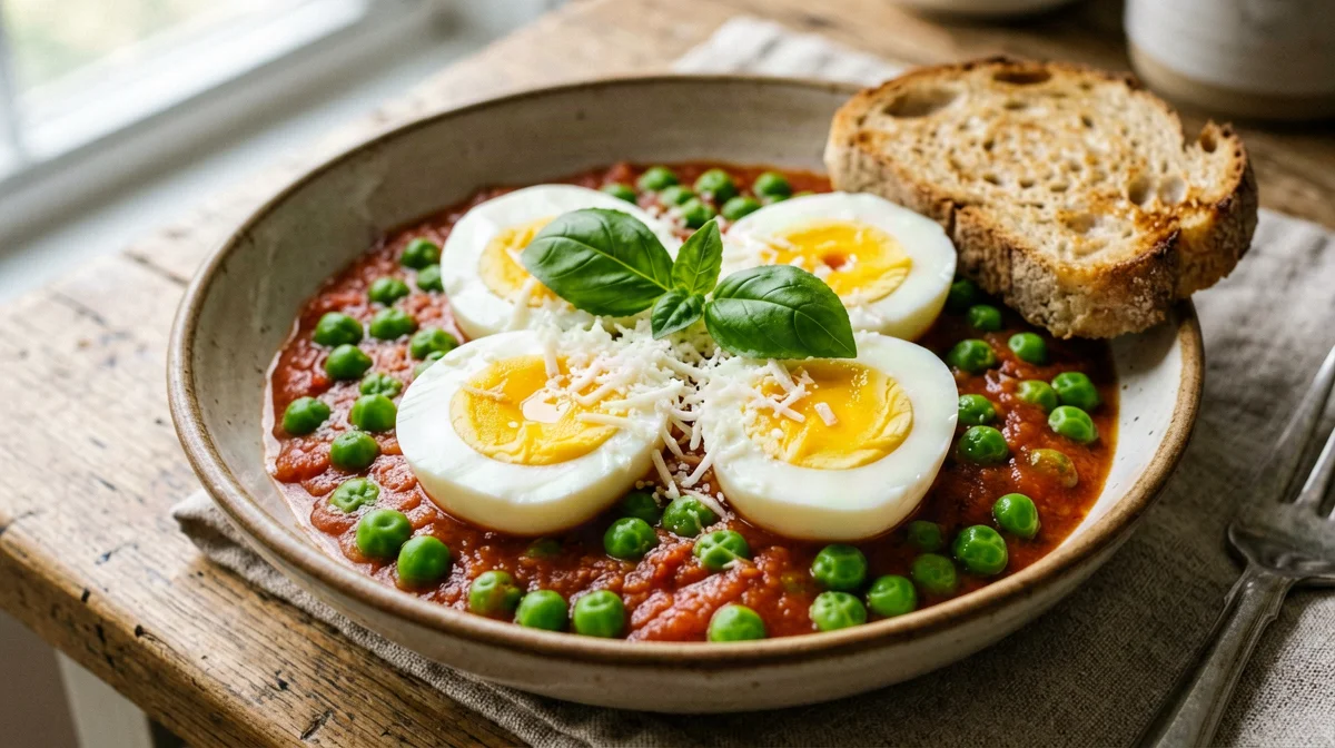Uova sode in umido con piselli e pane