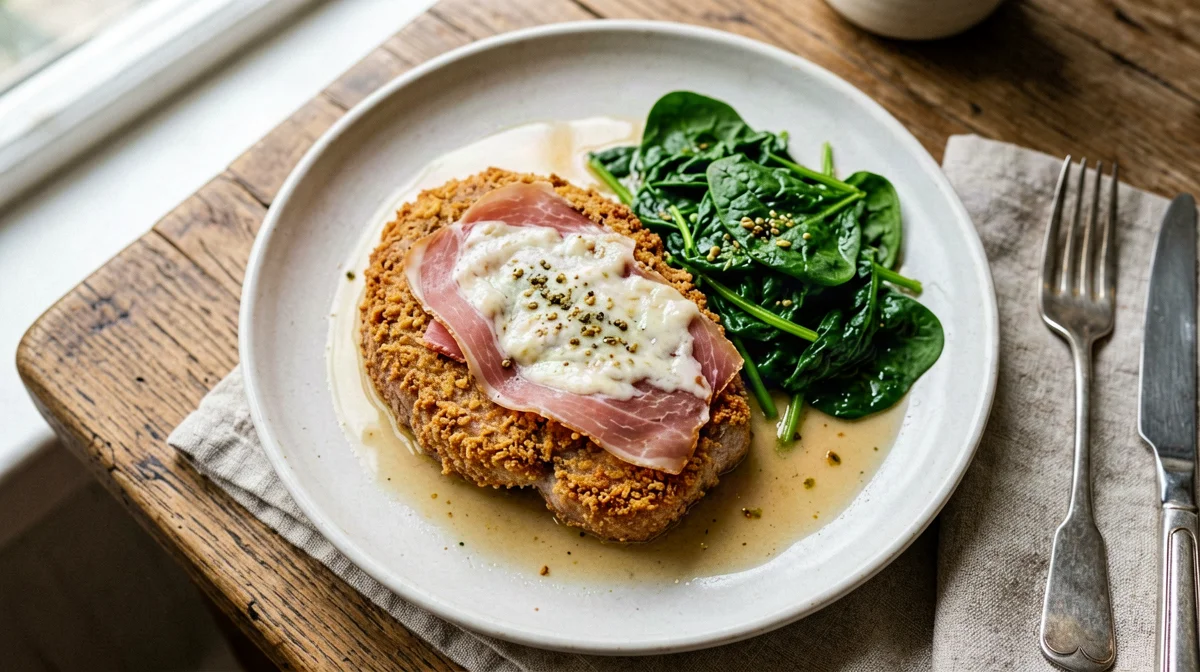 Cotoletta alla bolognese leggera con prosciutto, grana e spinaci