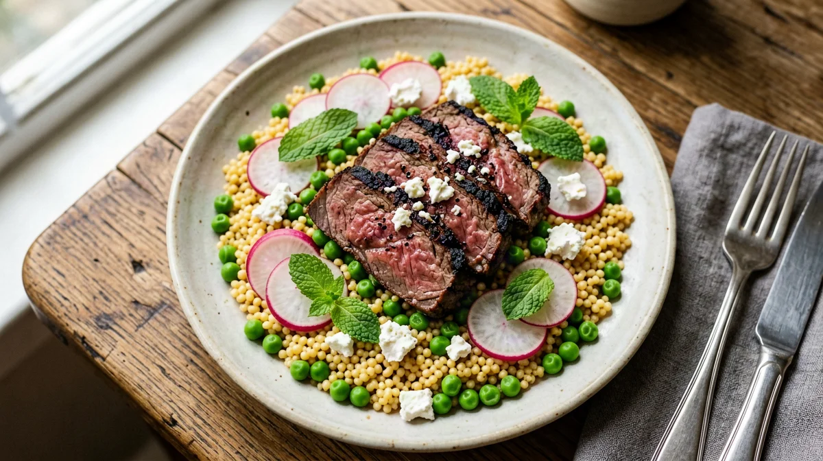 Seared beef with barley, pea and mint salad