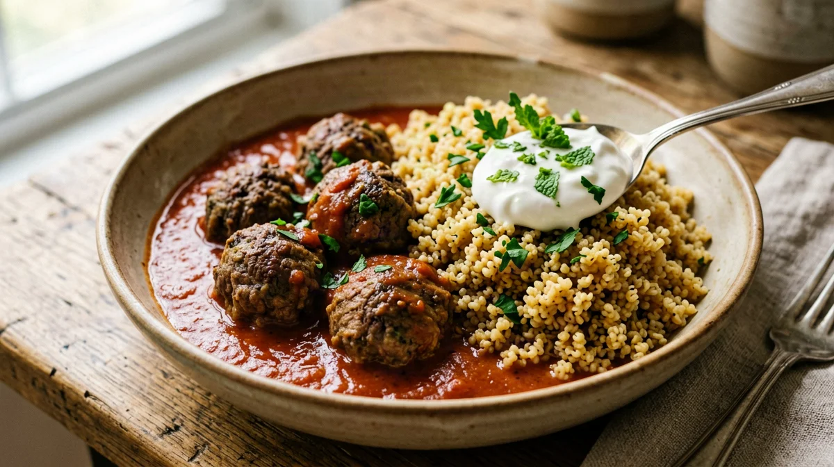 Polpettine d'agnello al pomodoro e menta con bulgur