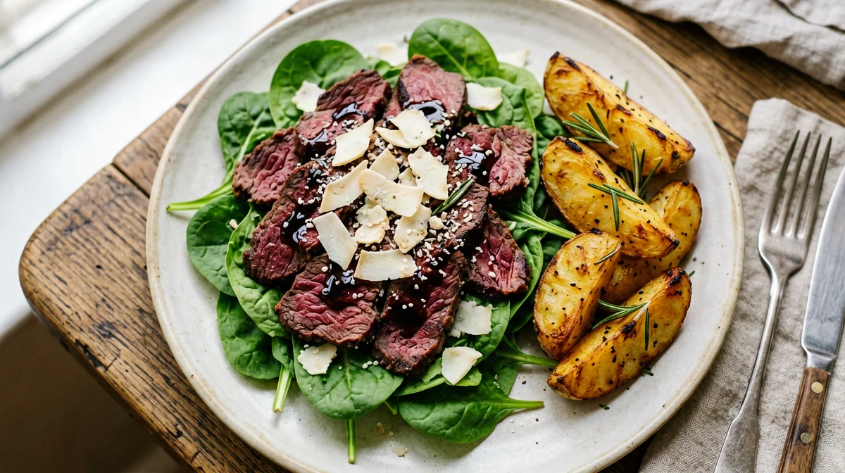Horse meat strips with rocket, grana and roast potatoes