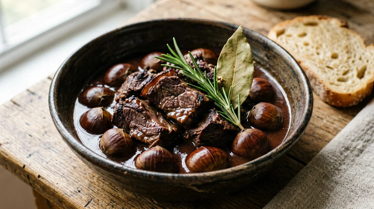 Wild boar stew with chestnuts and bread