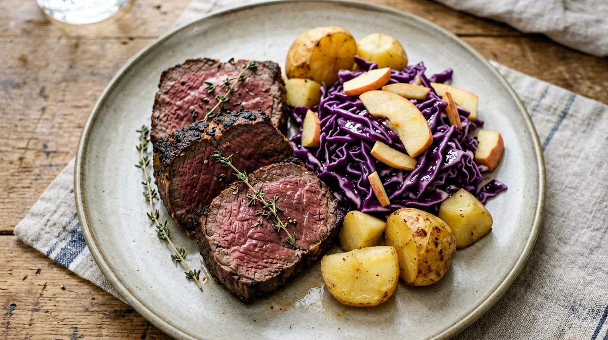 Venison medallions with braised red cabbage and potatoes