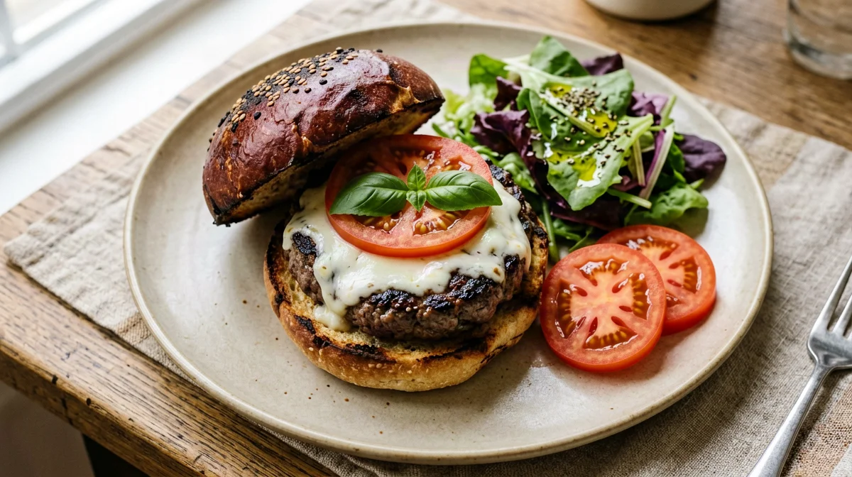 Burger di manzo alla caprese con pomodoro, mozzarella e pane