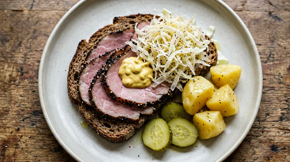 Pastrami con crauti, senape e pane di segale