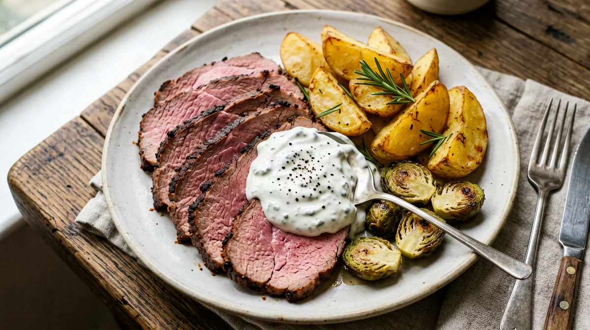 Roast beef tiepido con salsa al rafano e patate al forno