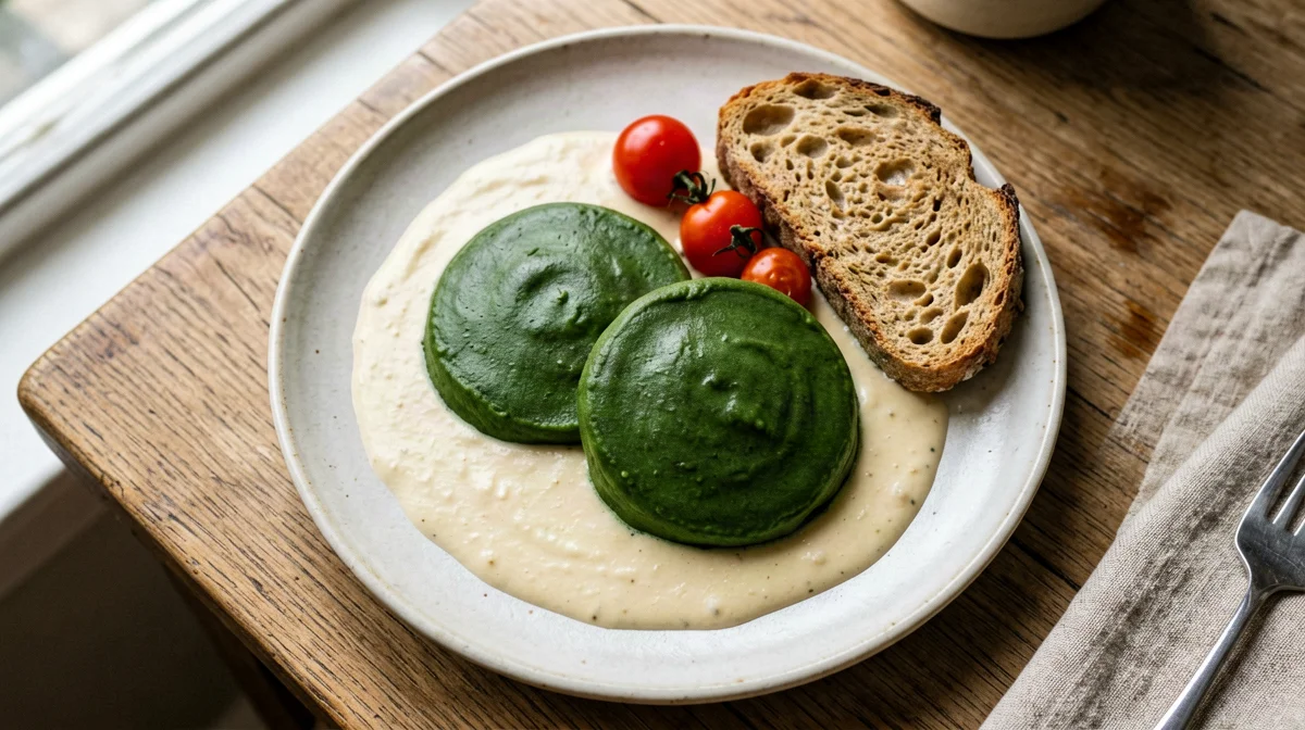 Spinach flans with parmesan sauce and bread