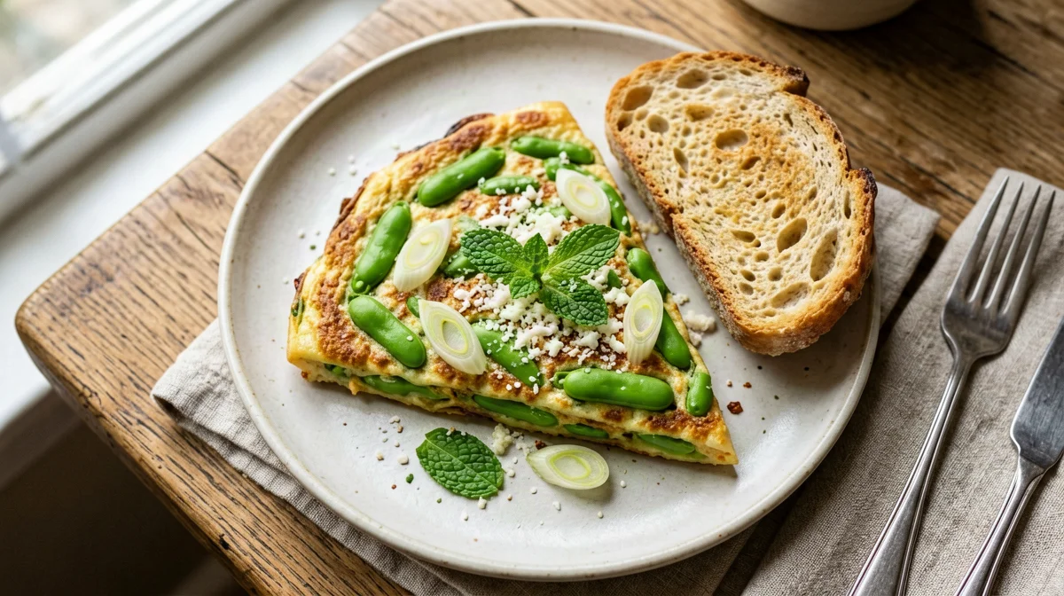 Spring onion and fresh broad bean frittata with pecorino