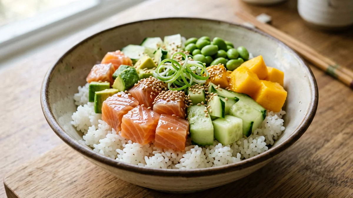 Poke di salmone con avocado, edamame e mango