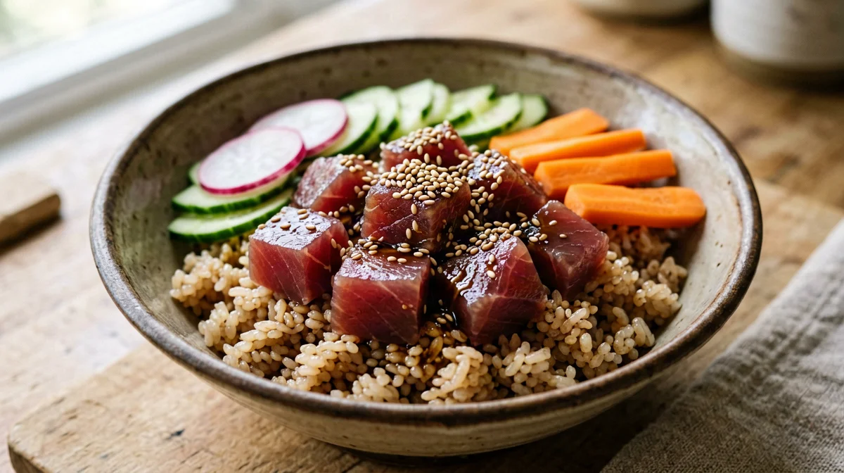 Fresh tuna poke with cucumber, radishes and black sesame
