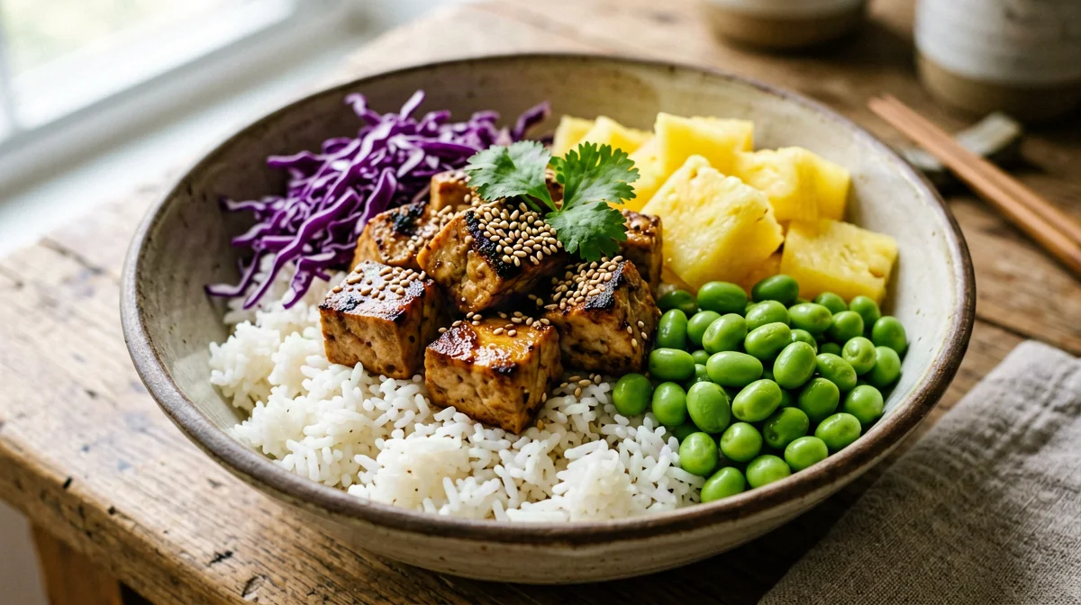 Poke di tofu marinato con ananas e cavolo rosso