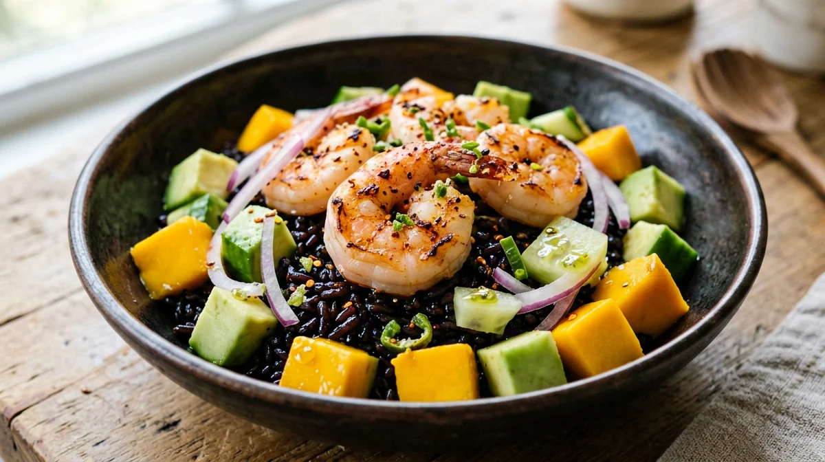 Shrimp poke with mango, lime and black Venere rice