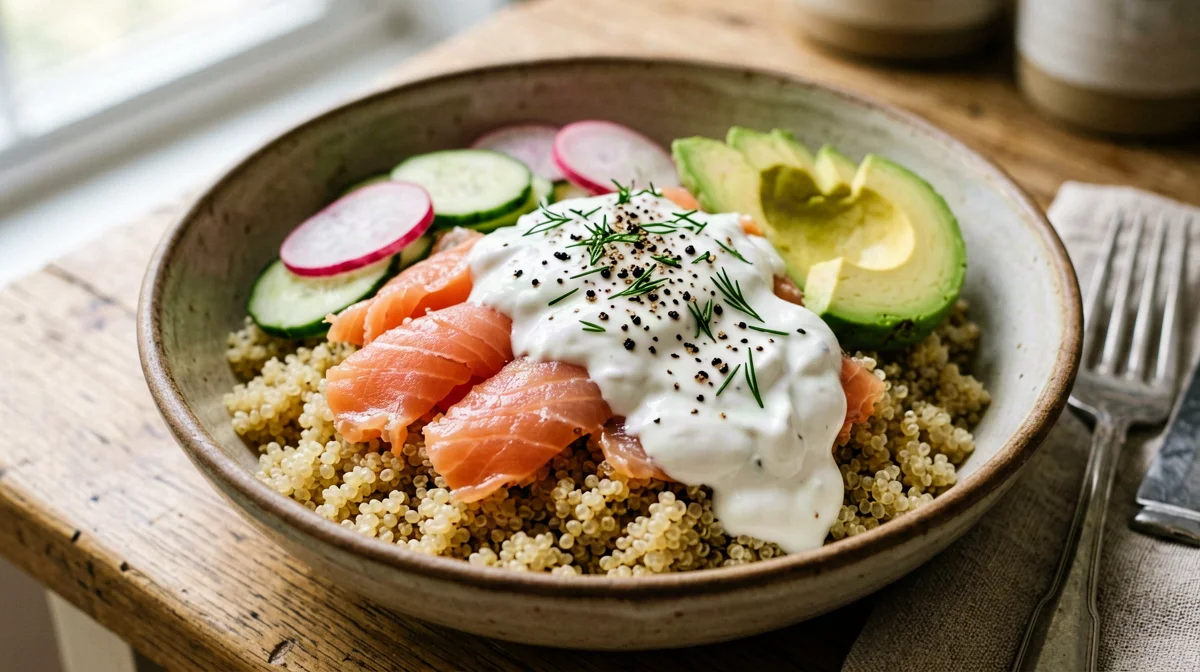 Smoked salmon poke with quinoa and dill cucumber