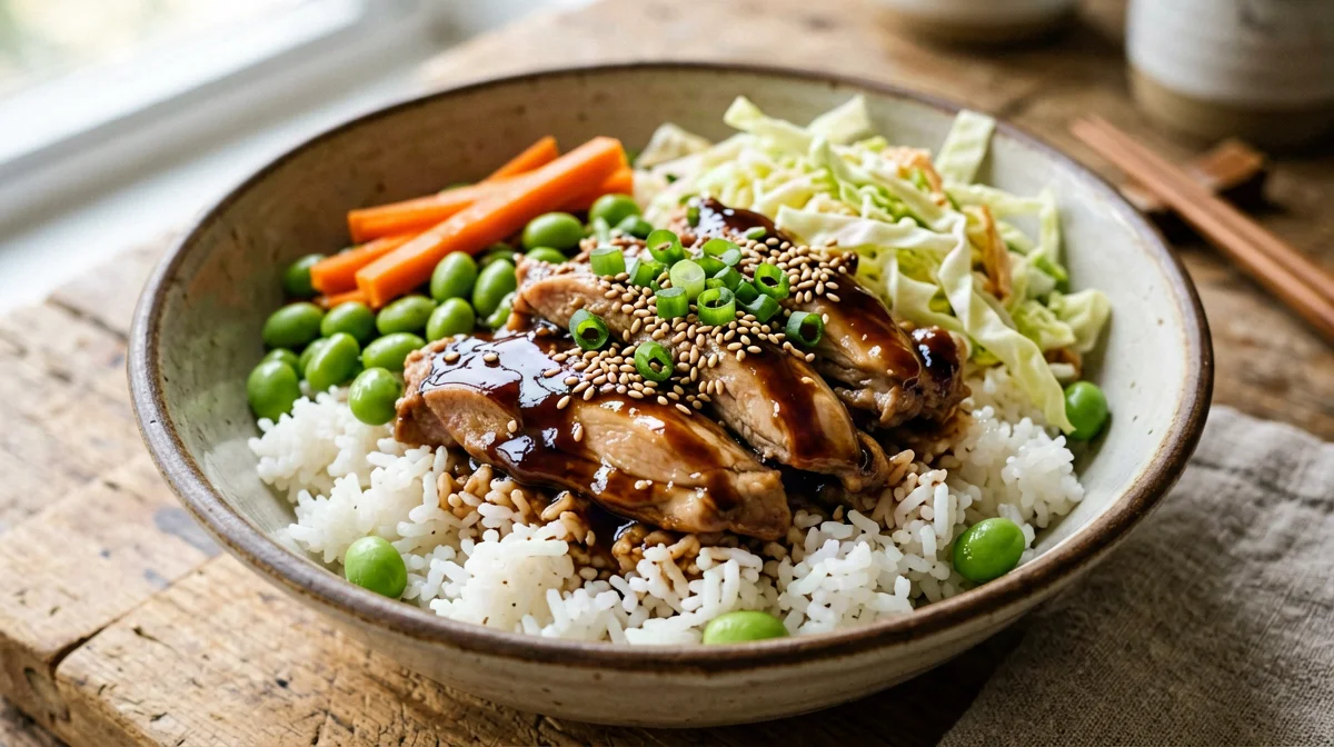 Poke di pollo teriyaki con edamame e carote