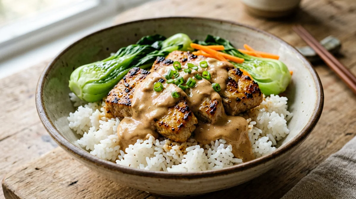 Tempeh bowl with pak choi and peanut sauce