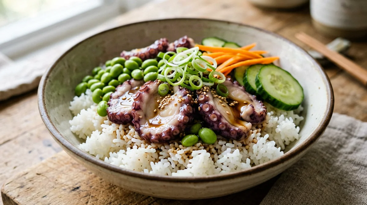 Poke di polpo con riso basmati, edamame e zenzero