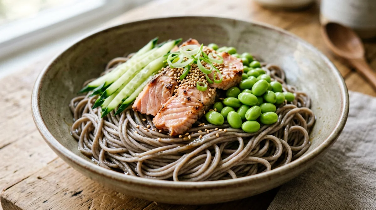 Bowl di soba con salmone scottato, edamame e cetriolo