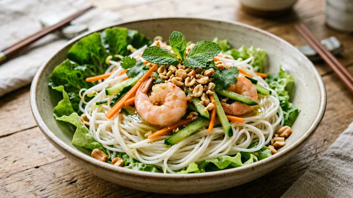 Bowl vietnamita di spaghetti di riso con gamberi e menta