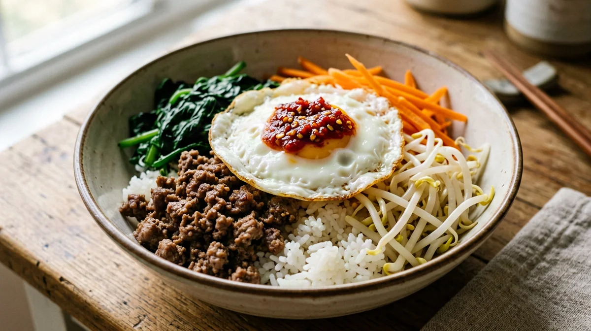 Beef bibimbap with spinach, carrots and egg