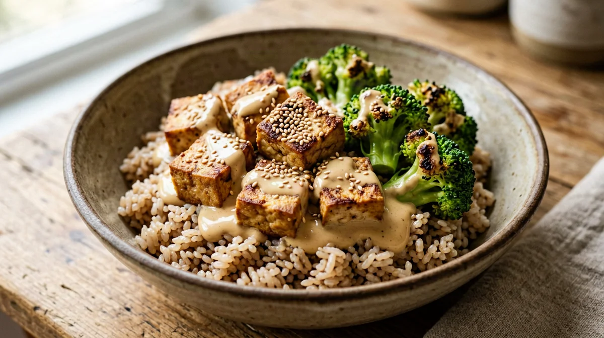 Bowl di tofu croccante con broccoli e salsa al sesamo