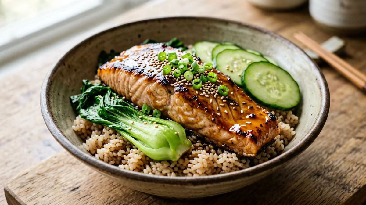 Bowl di salmone al miso con riso integrale e pak choi