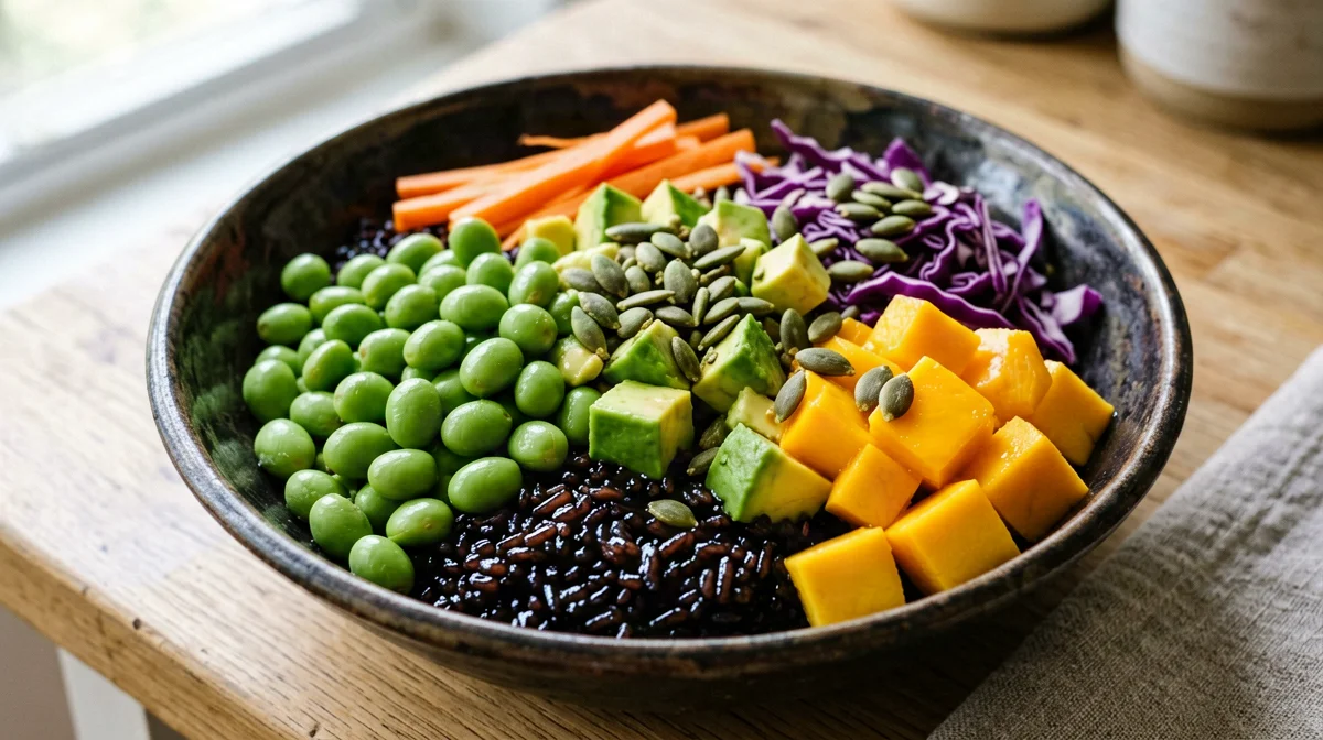 Poke vegano con edamame, avocado e riso Venere