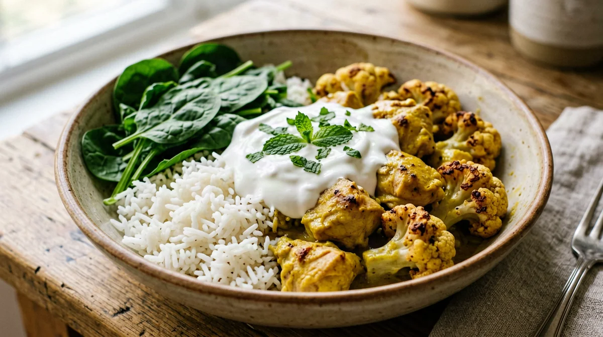 Bowl di pollo al curry con riso basmati e cavolfiore arrosto