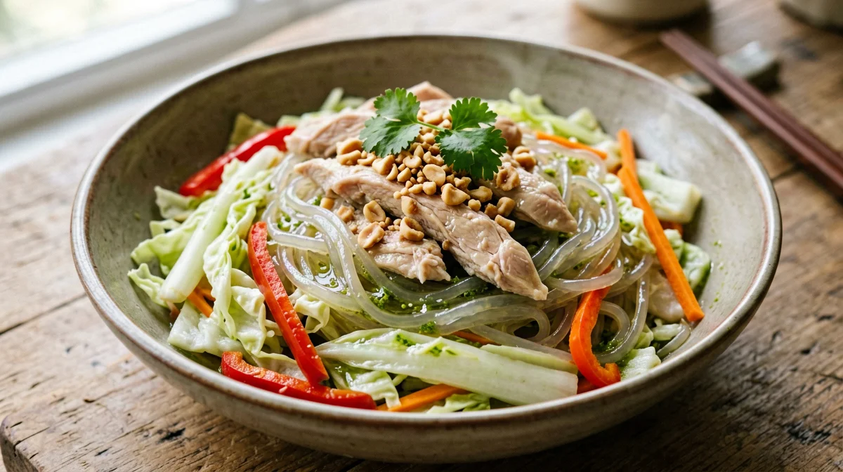 Bowl thai di pollo con spaghetti di soia e arachidi