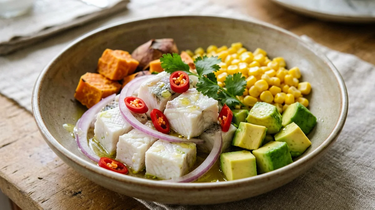 Sea bass ceviche bowl with sweet potato and corn