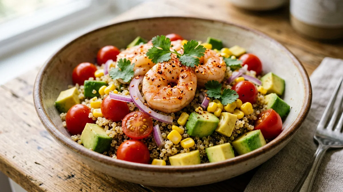 Lime shrimp bowl with quinoa, avocado and cherry tomatoes