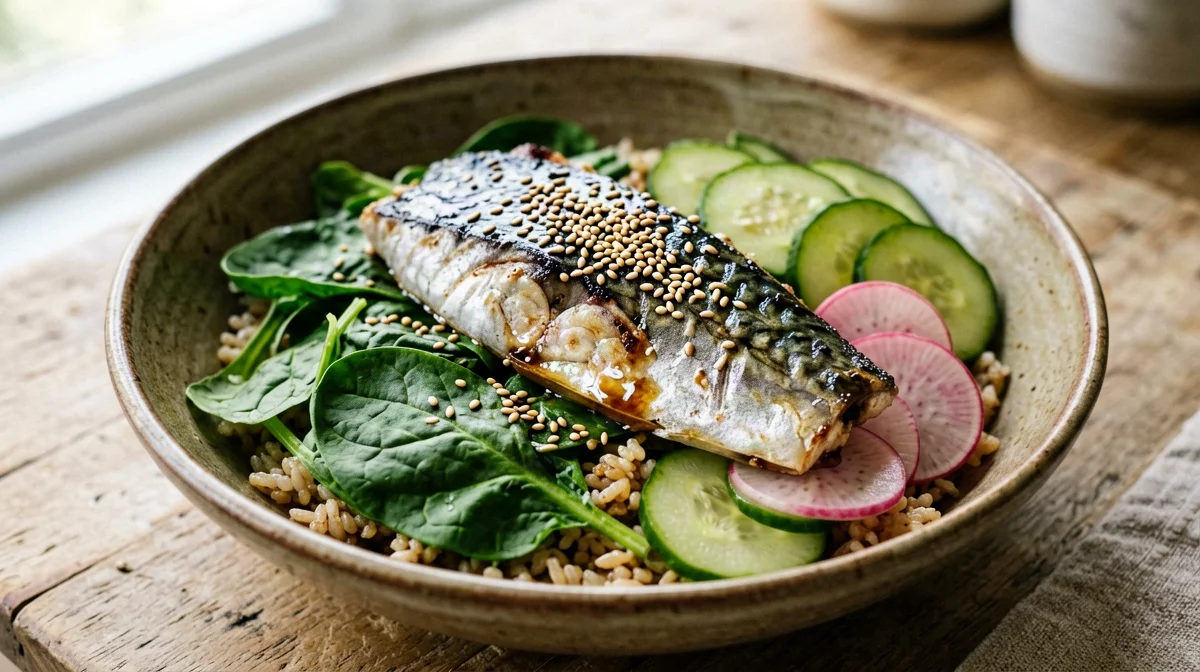 Seared mackerel bowl with brown rice and pickled cucumber