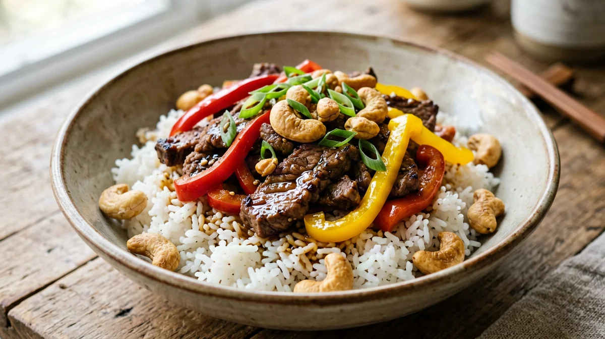 Stir-fried seitan bowl with peppers, rice and cashews