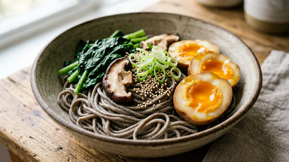 Cold soba with soy-marinated eggs and spinach