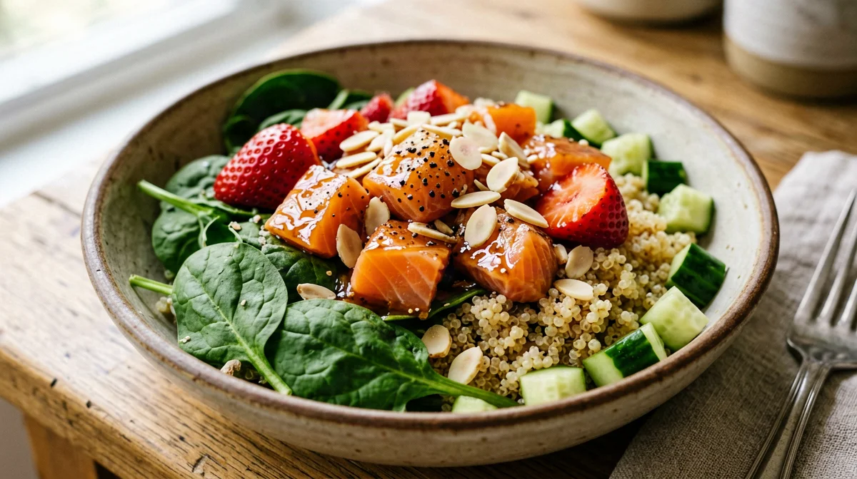 Salmon poke with quinoa, strawberries and baby spinach