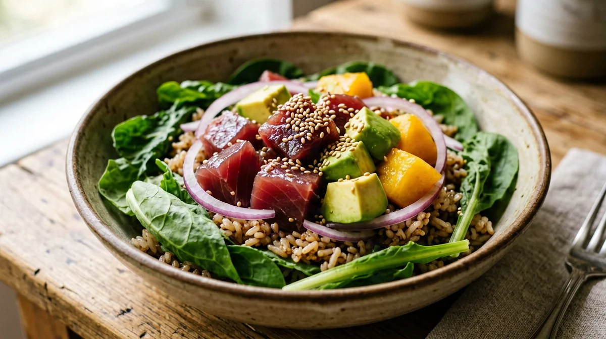 Tuna poke with peach, rocket and brown rice