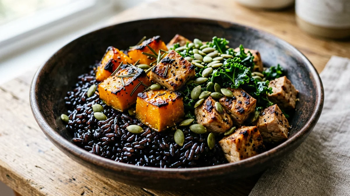 Bowl di tofu affumicato con riso Venere e zucca arrosto