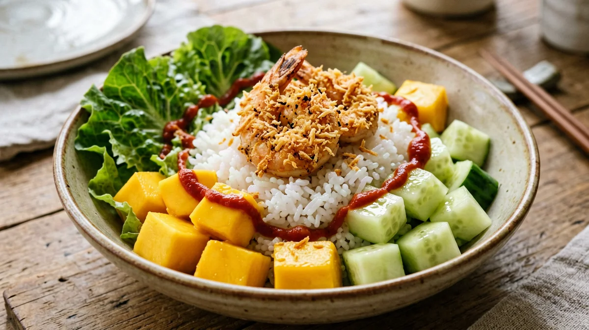 Coconut shrimp bowl with jasmine rice and mango