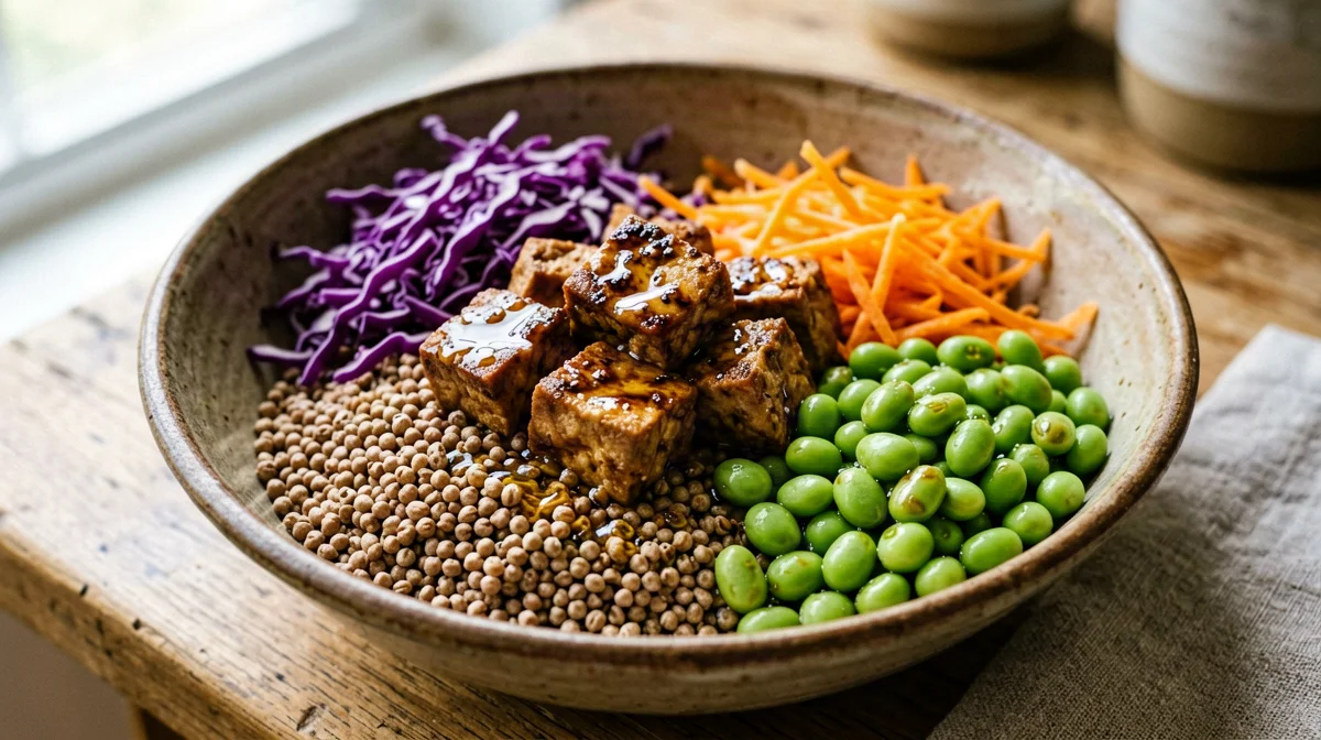 Buckwheat bowl with tempeh, red cabbage and edamame