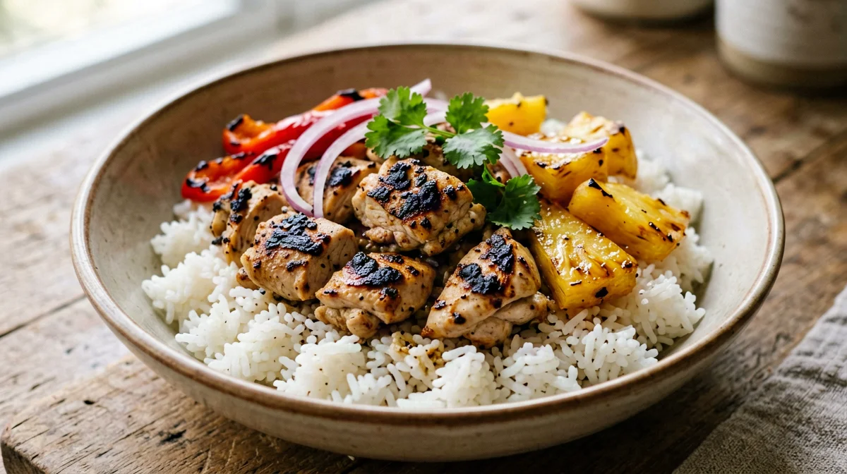 Hawaiian chicken bowl with grilled pineapple and peppers
