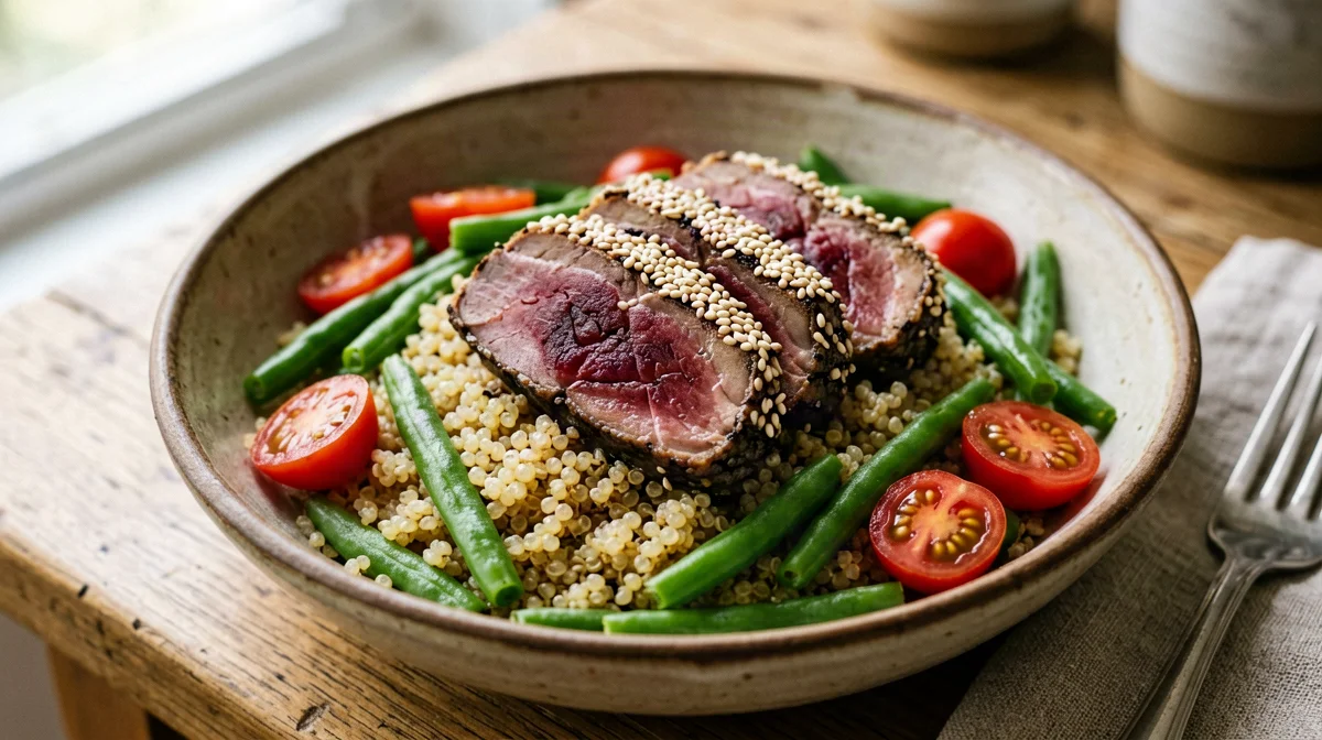 Bowl di tonno in crosta di sesamo con quinoa e fagiolini