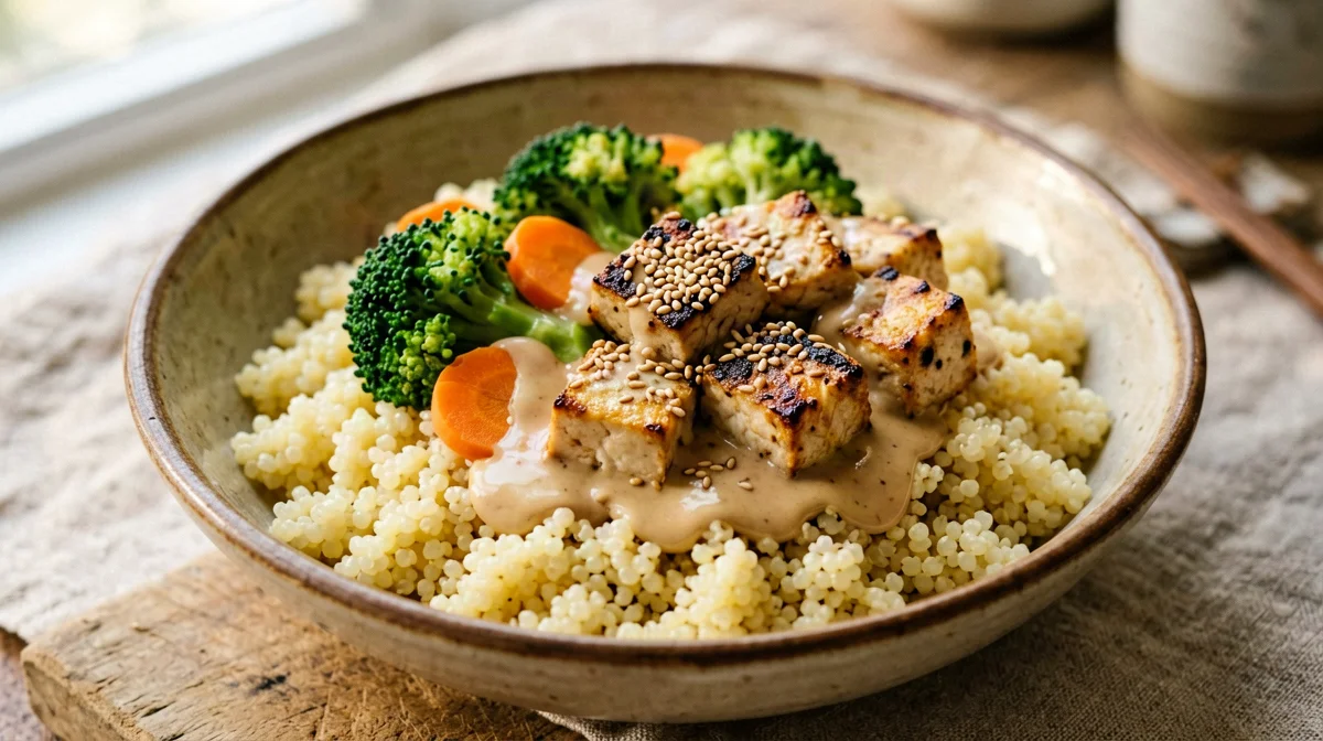 Millet bowl with tofu, broccoli and tahini-miso sauce