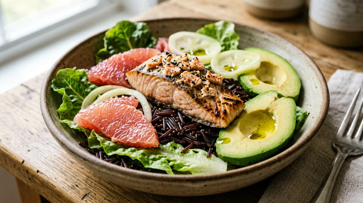 Bowl di salmone con riso selvatico, avocado e pompelmo
